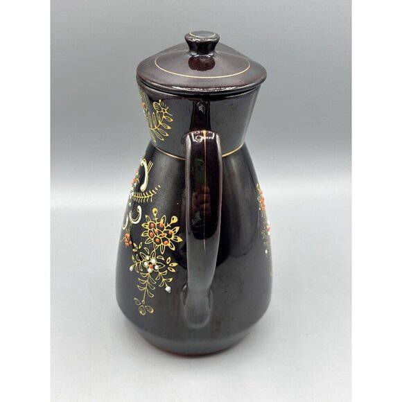 Vtg Redware Coffee Pot Black Ceramic Japan Hand Painted - Picture 4 of 7